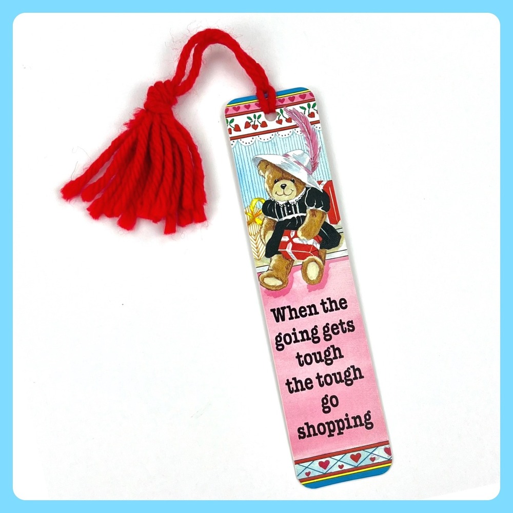 Vintage 1985 Sunshine Thoughts‎ Teddy Bear Shopping Bookmark Antioch Red Tassel